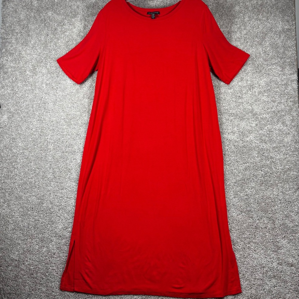 Eileen Fisher Red Viscose Spandex Short Sleeve Midi T-Shirt Dress Large L/G